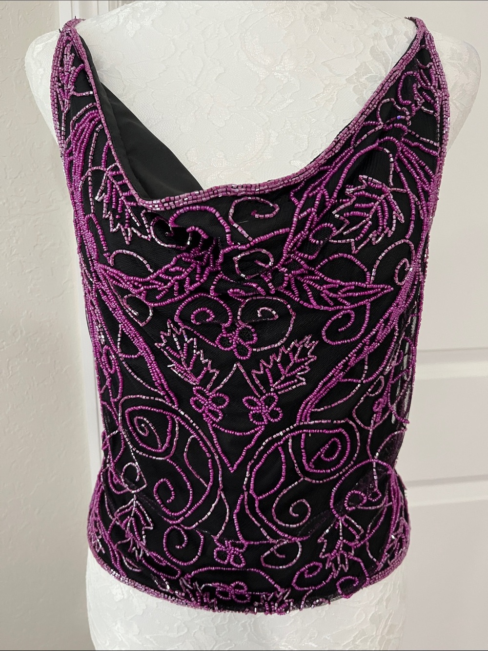 Andretta Donatello Black Magenta Iridescent Exquisite Hand Beading Back Zipper